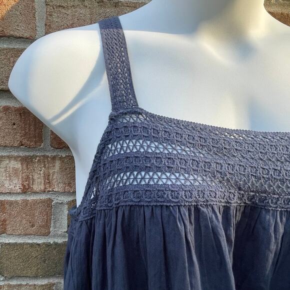 Boho Festival Tiered Prairie Crochet Sundress womens sz 2XL Navy Chambray Summer - Picture 2 of 10